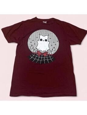 Medium skater Burgundy and white cute ghost cat tshirt